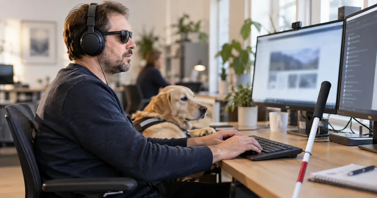 Une personne malvoyante navigue sur un site avec un lecteur d'écran et un casque, dans un bureau adapté