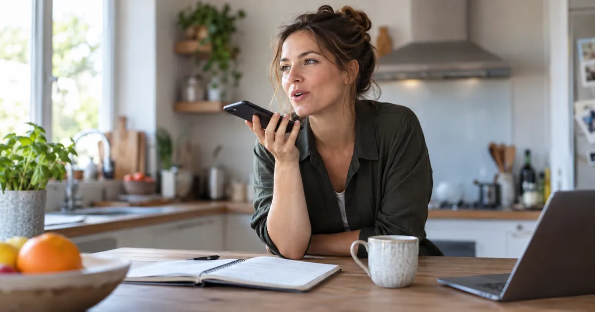 Une utilisatrice pose une question à voix haute à son smartphone dans sa cuisine