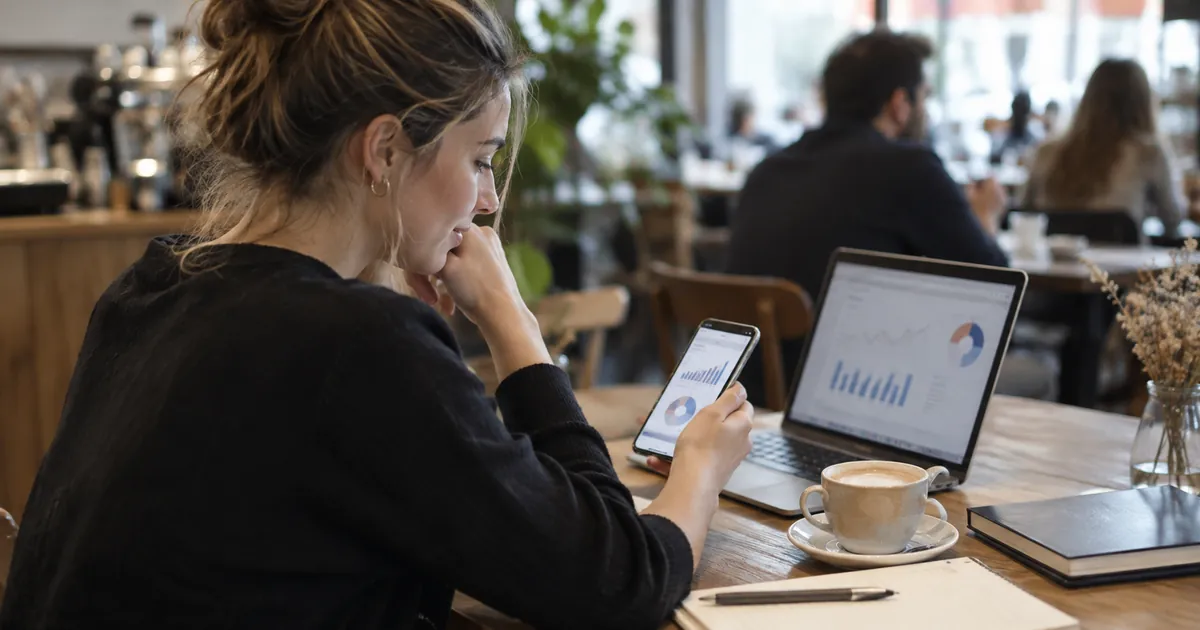 Une community manager analyse les statistiques d'engagement de ses publications sur son smartphone, dans un café