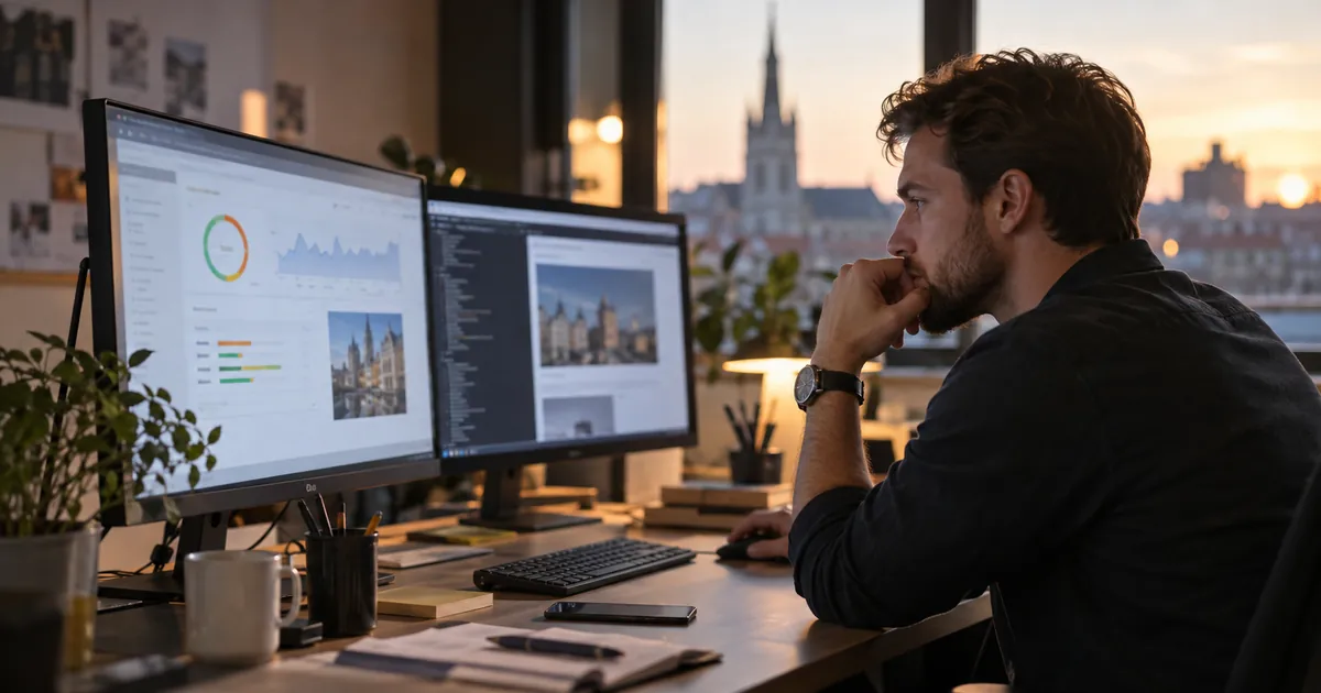 Un développeur analyse les performances de chargement d'un site sur deux écrans, dans un bureau en fin de journée