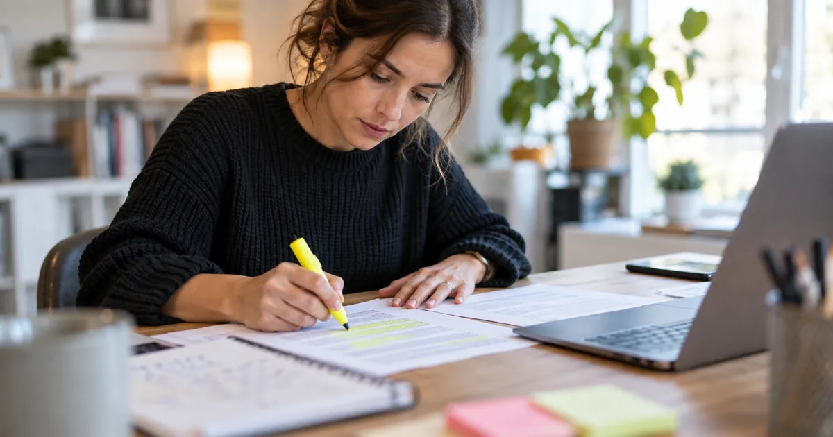 Un rédacteur SEO surligne des expressions dans un texte imprimé pour choisir ses ancres de liens