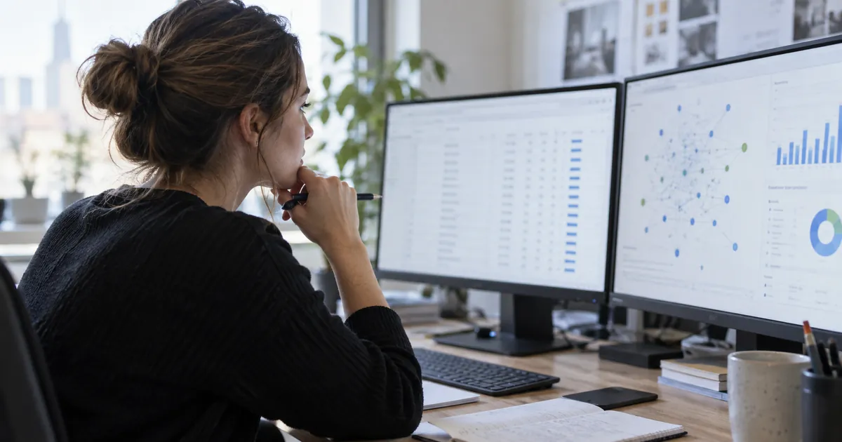 Une analyste SEO examine un tableau de liens entrants sur deux écrans, stylo à la main