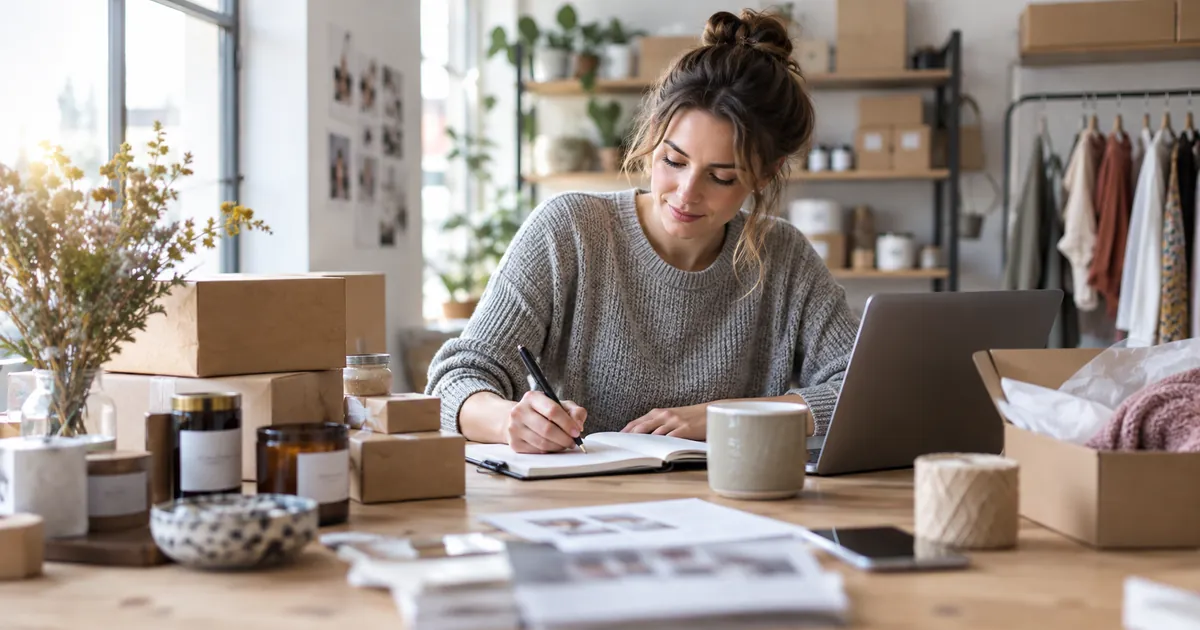 Une gérante de boutique en ligne écrit un article de conseils entourée de ses produits
