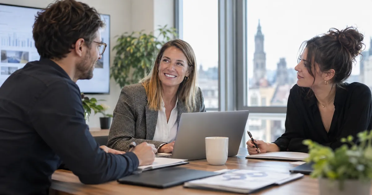 Une cheffe d'entreprise en rendez-vous avec deux consultants d'une agence de référencement autour d'une table, dans une salle de réunion lumineuse