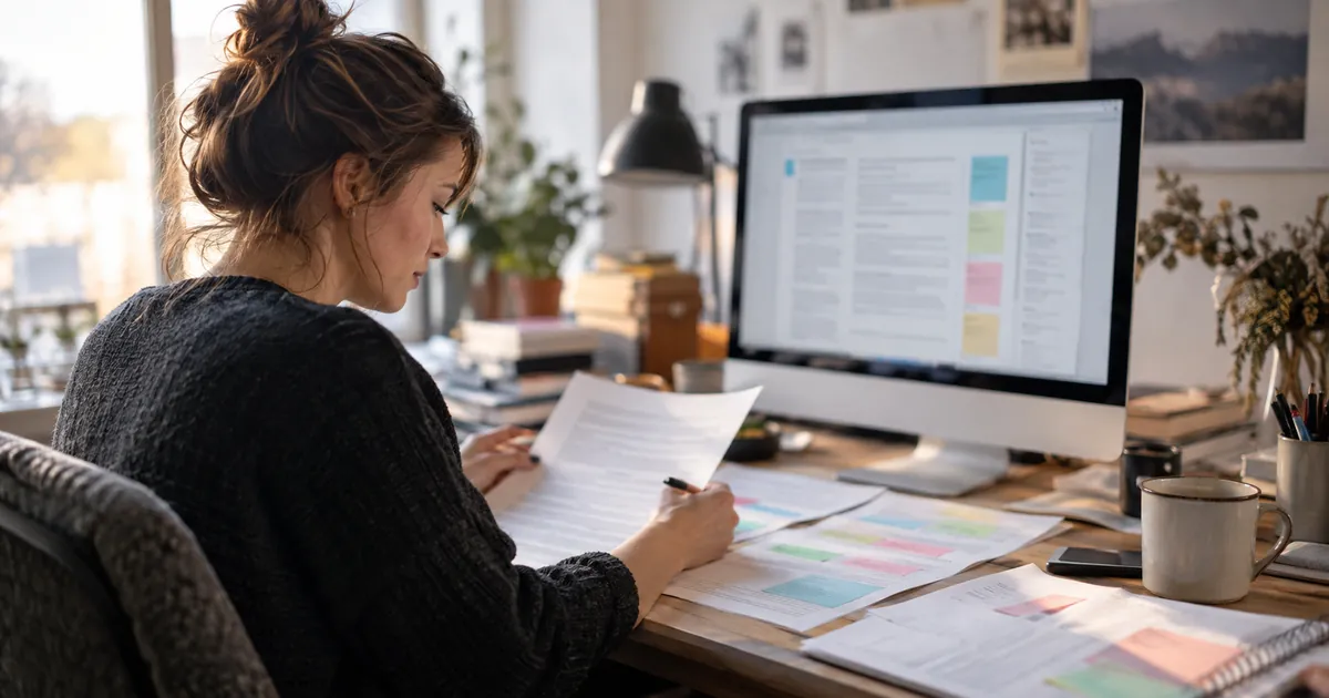 Une rédactrice découpe un long texte en blocs de réponse annotés, écran et feuilles imprimées devant elle