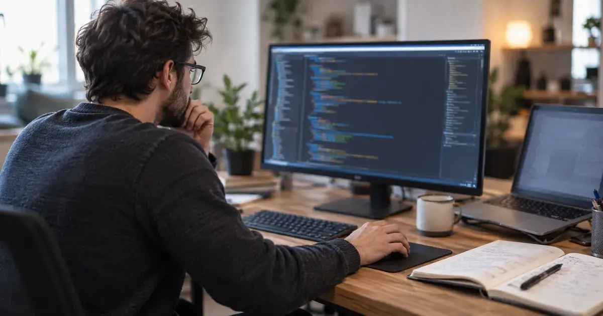 Un développeur web intègre du code dans un éditeur sur un écran, carnet de notes technique ouvert à côté