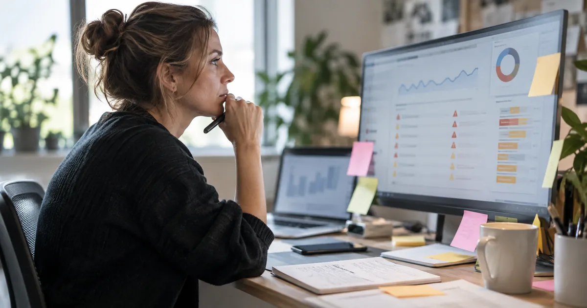 Une consultante SEO repère des erreurs dans un rapport d'audit technique affiché sur grand écran, entourée de post-it