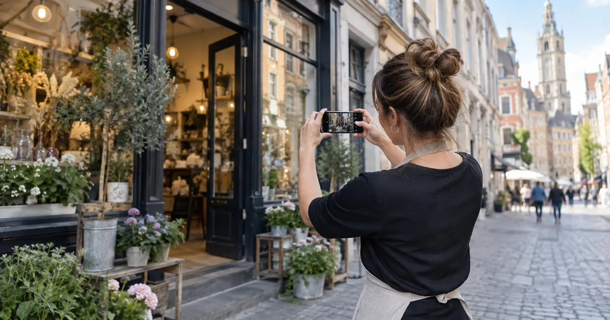 Une commerçante lilloise photographie la devanture de sa boutique avec son smartphone pour mettre à jour sa fiche d'établissement Google