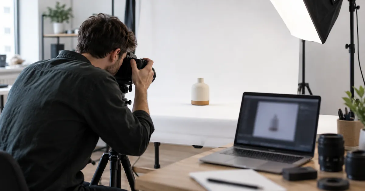Un e-commerçant photographie un produit sur fond blanc dans un petit studio, ordinateur portable à côté