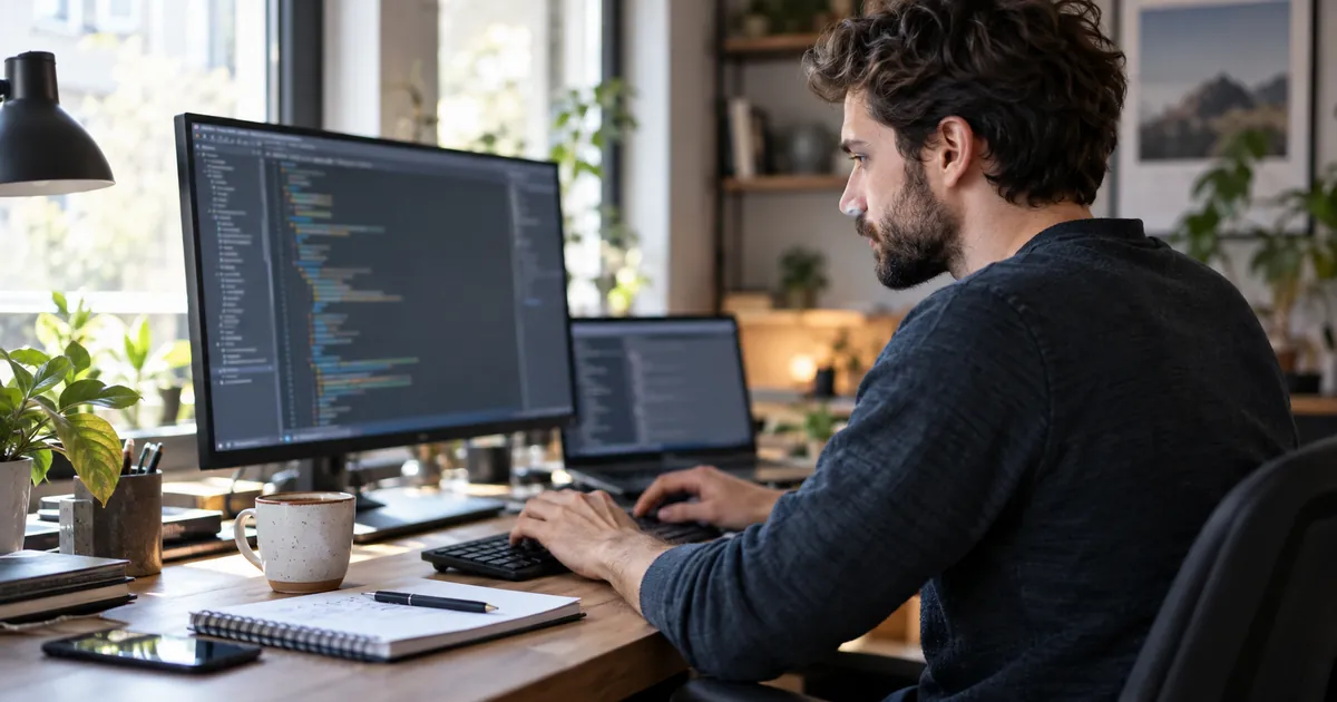 Un développeur rédige un fichier texte structuré dans un éditeur de code, café et notes à côté