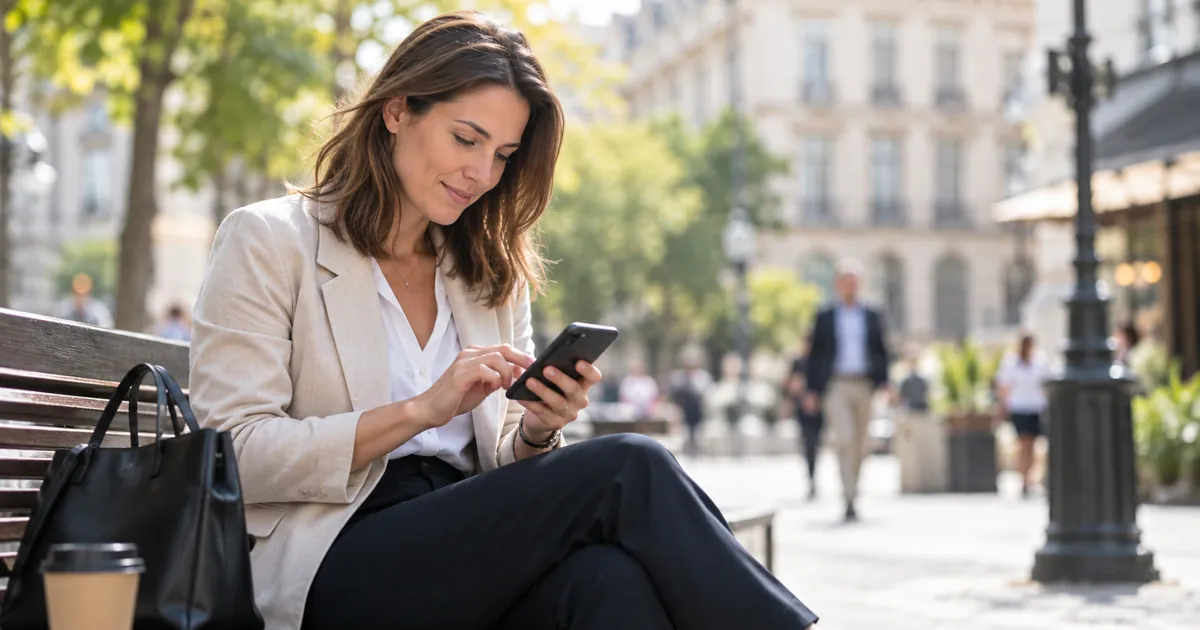 Une cliente remplit un formulaire de contact sur son smartphone, assise sur un banc en ville