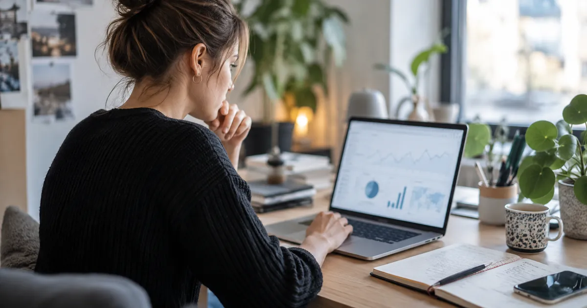 Une chargée marketing explore des rapports d'analyse d'audience sur son ordinateur, carnet de notes à côté