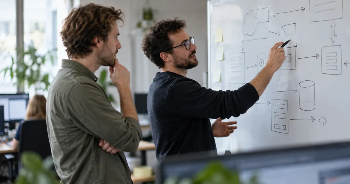 Deux développeurs discutent d'architecture devant un tableau blanc couvert de blocs et de flèches