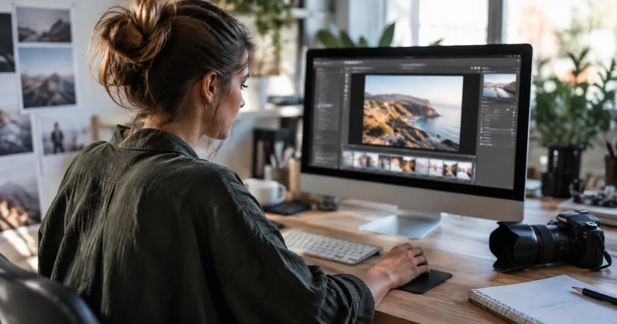 Une graphiste redimensionne et compresse des photos sur son écran, appareil photo posé sur le bureau