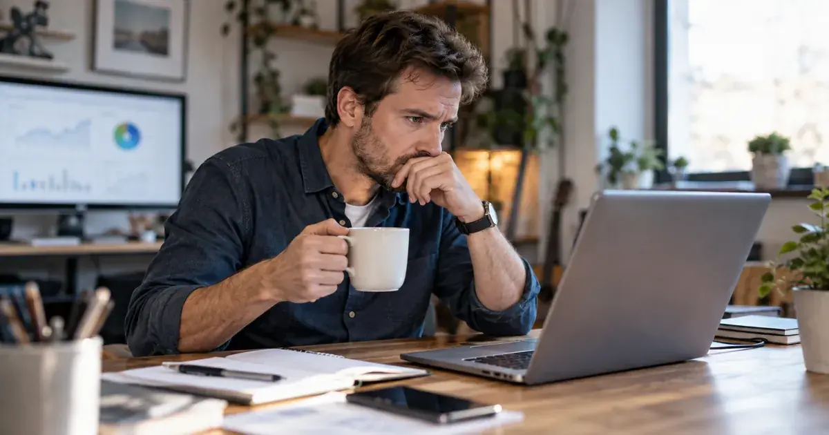 Un webmaster perplexe vérifie l'état d'indexation de ses pages sur un ordinateur portable, tasse de café à la main