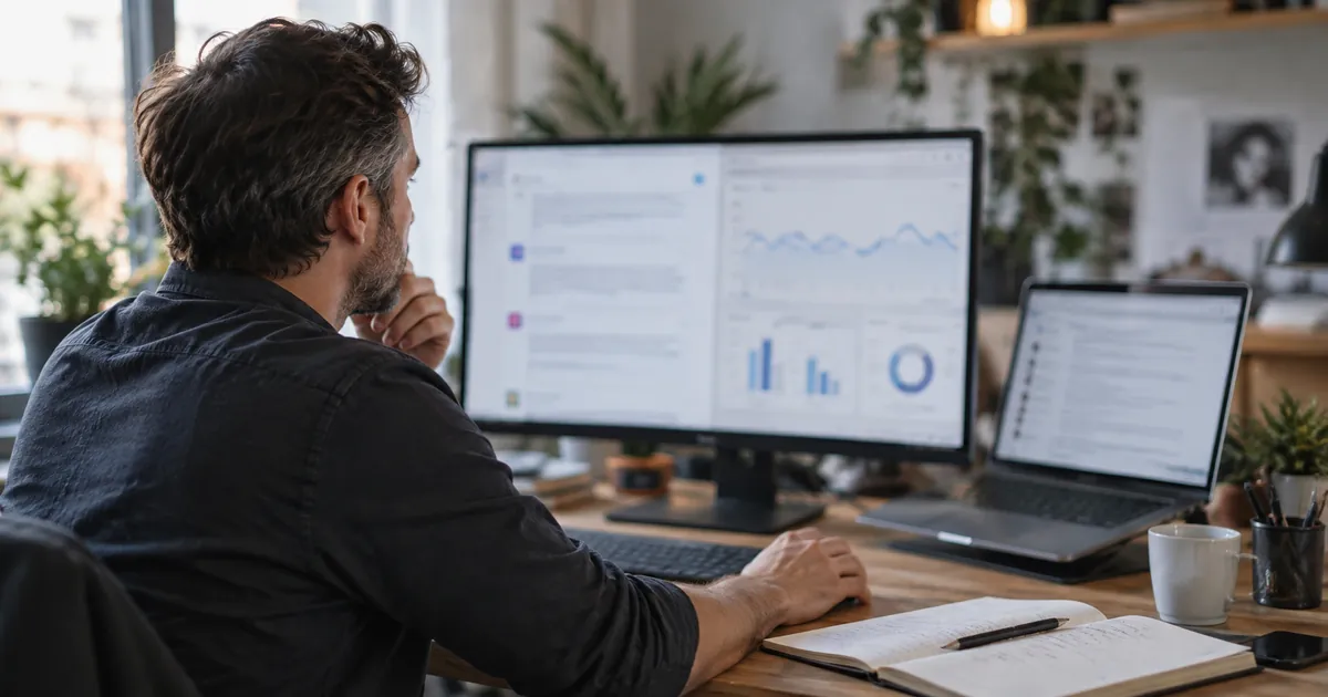 Un responsable SEO compare des réponses d'IA et des statistiques de trafic sur deux écrans