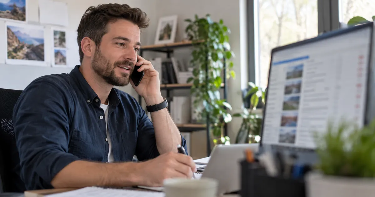 Un chargé de netlinking échange au téléphone avec un partenaire, liste de sites partenaires à l'écran