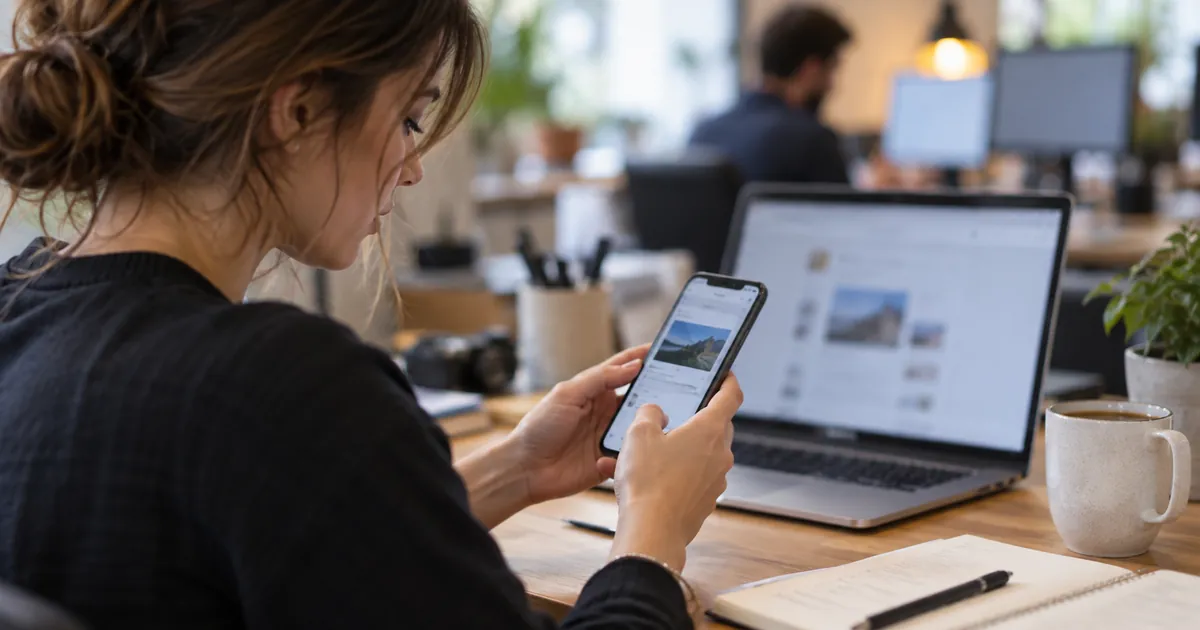 Une community manager partage un lien sur son smartphone et vérifie l'aperçu de la carte de partage