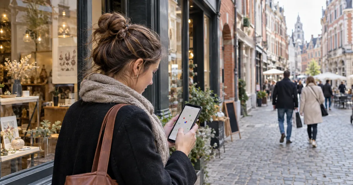 Une passante consulte sur son smartphone une carte avec des repères de commerces, devant une boutique d'une rue commerçante du Vieux-Lille aux façades en brique
