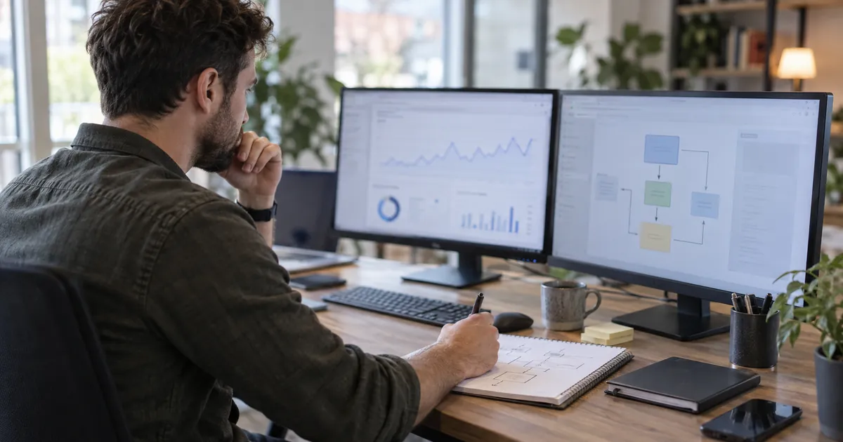 Un analyste marketing configure un suivi de conversions sur deux écrans, schéma de flux sur un bloc-notes