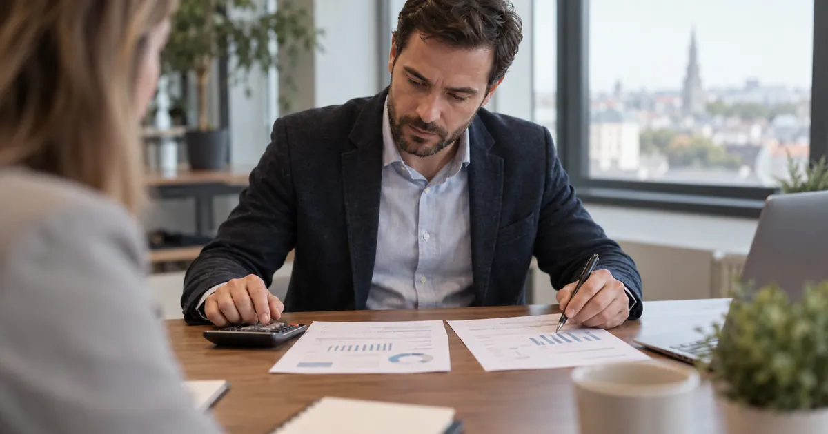 Un gérant d'entreprise compare deux devis de référencement imprimés sur une table de réunion, calculatrice et stylo à la main
