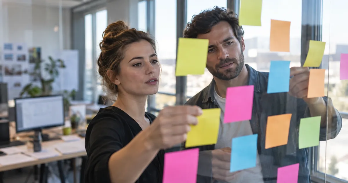 Deux consultants SEO trient des expressions clés sur des post-it colorés collés sur une vitre