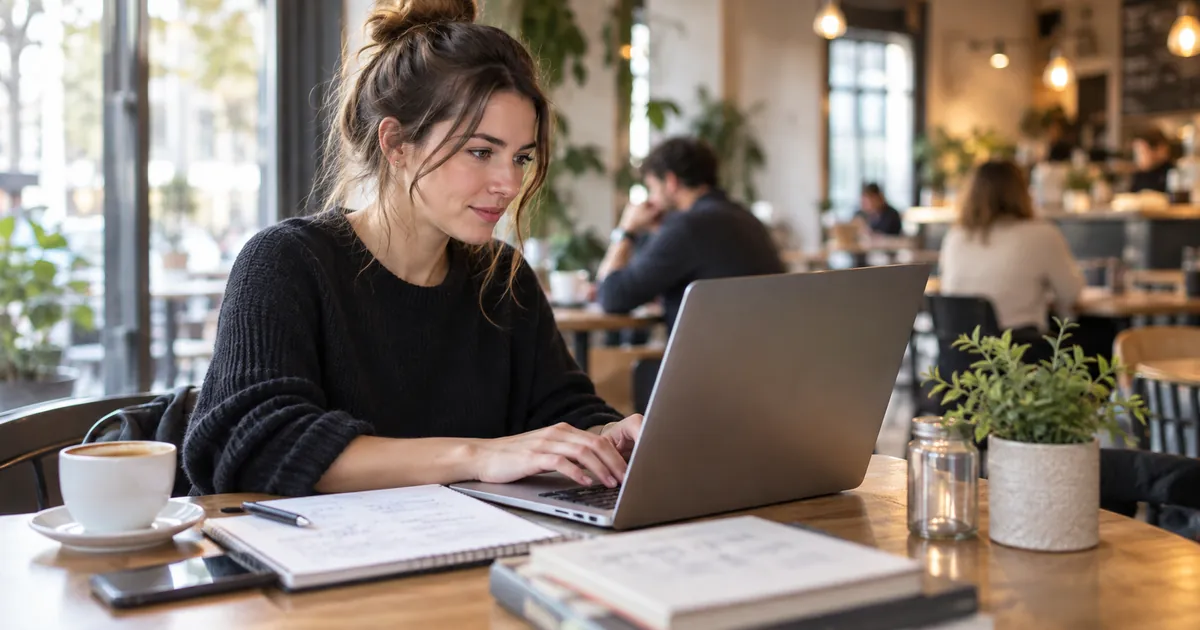 Une rédactrice web écrit un article sur son ordinateur portable dans un café lumineux, notes manuscrites et plan de titres à côté