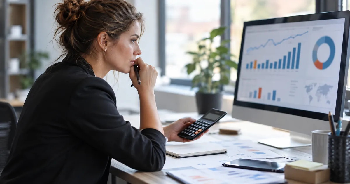 Une responsable marketing analyse des coûts par clic sur un tableau de bord, calculatrice à la main