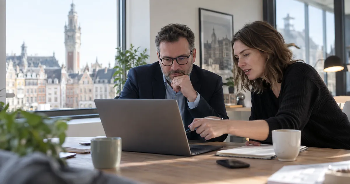 Un dirigeant de PME et une consultante SEO penchés sur un ordinateur portable dans un bureau lumineux de Lille, carnet et café sur la table, échange concentré sur le référencement du site de l'entreprise