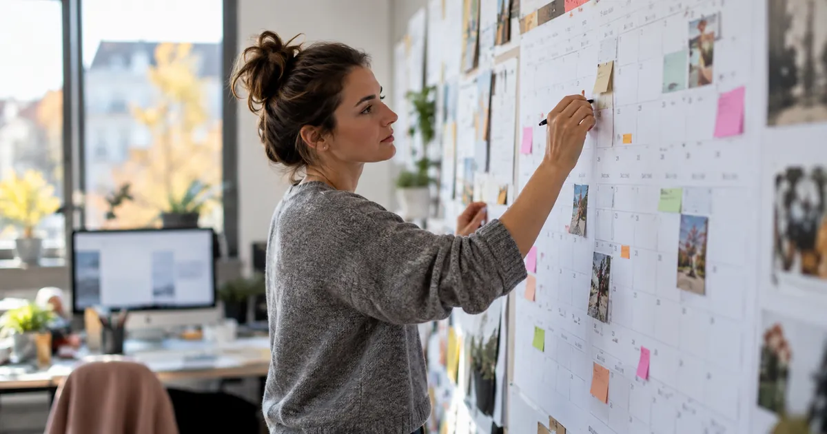 Une responsable marketing planifie des temps forts sur un calendrier annuel mural