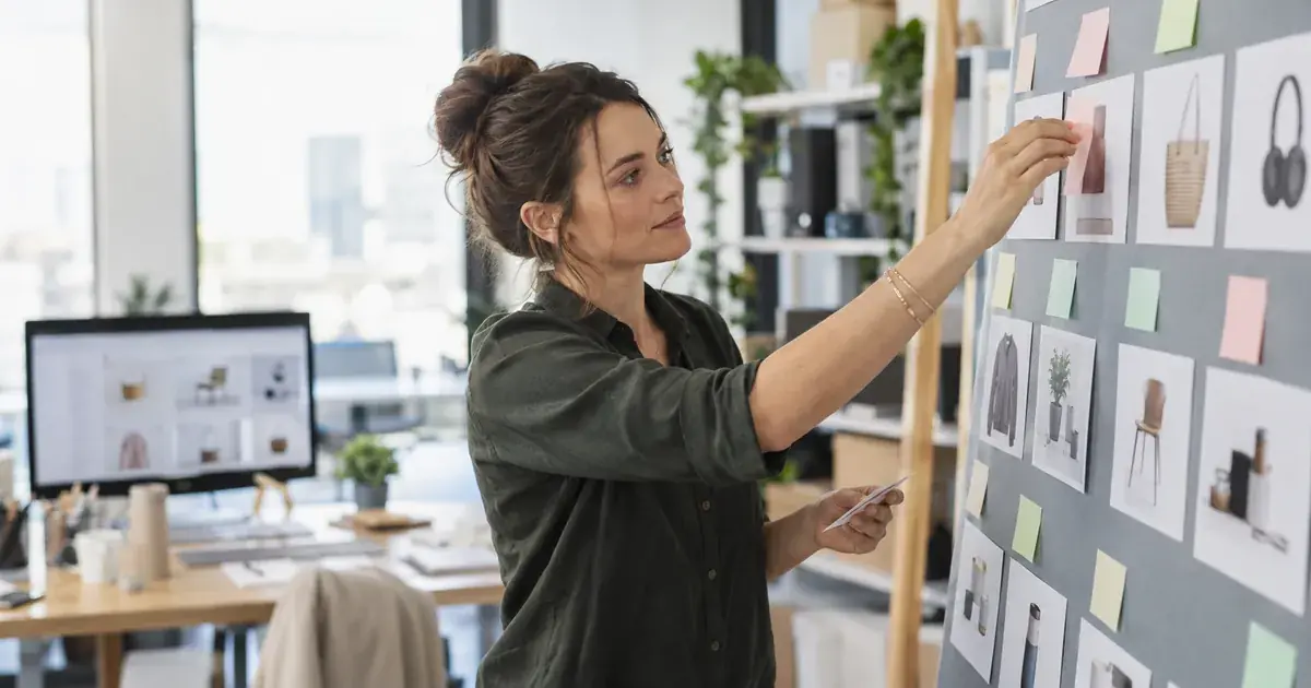 Une responsable e-commerce organise des catégories de produits sur un tableau avec des étiquettes