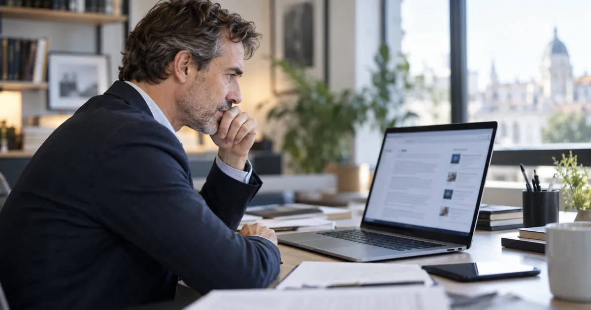 Un dirigeant découvre la réponse d'une IA citant plusieurs sources sur l'écran de son ordinateur, dans son bureau
