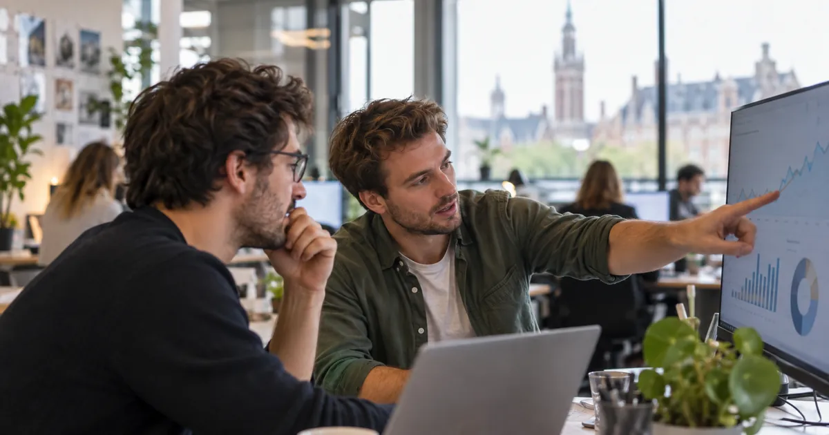 Deux associés d'une startup lilloise débattent devant un écran affichant des courbes, l'un pointant un graphique, dans un open space