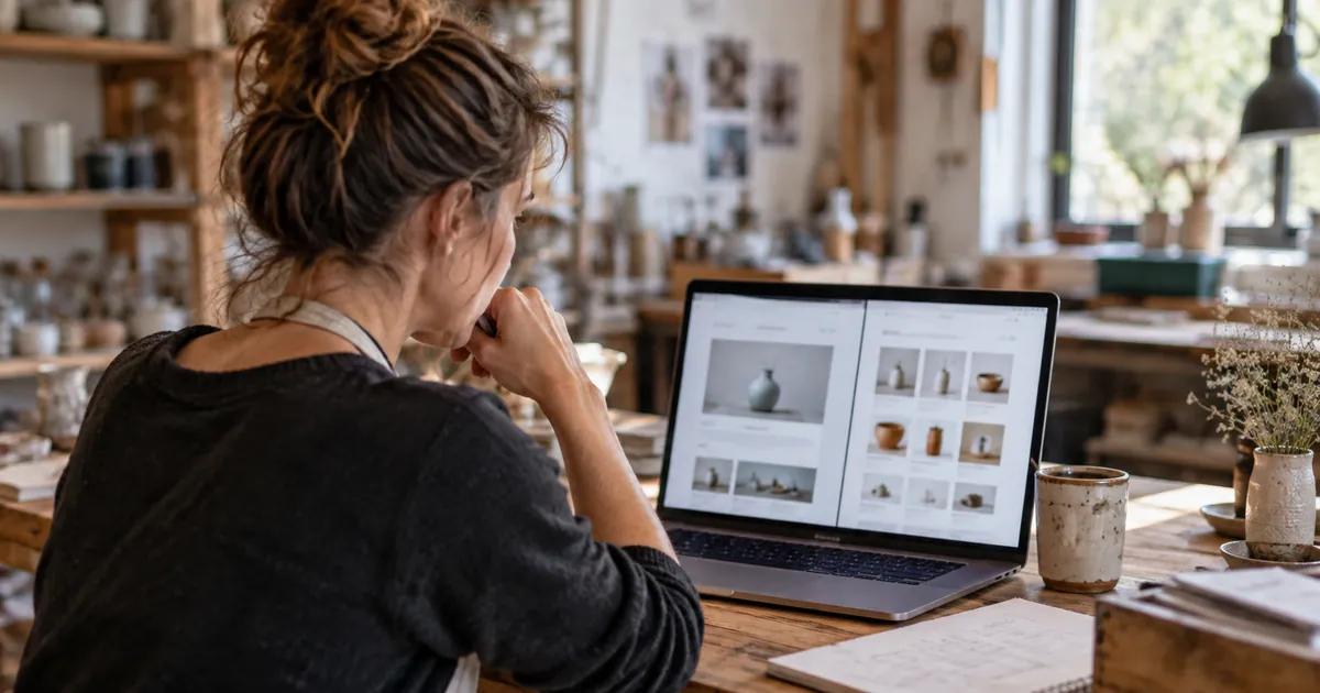 Une artisane hésite entre deux maquettes de site, l'une vitrine, l'autre boutique, sur son ordinateur dans son atelier