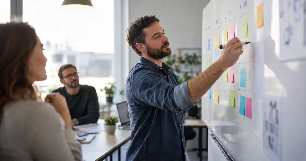 Un consultant SEA organise des campagnes sur un tableau blanc avec des colonnes de couleur