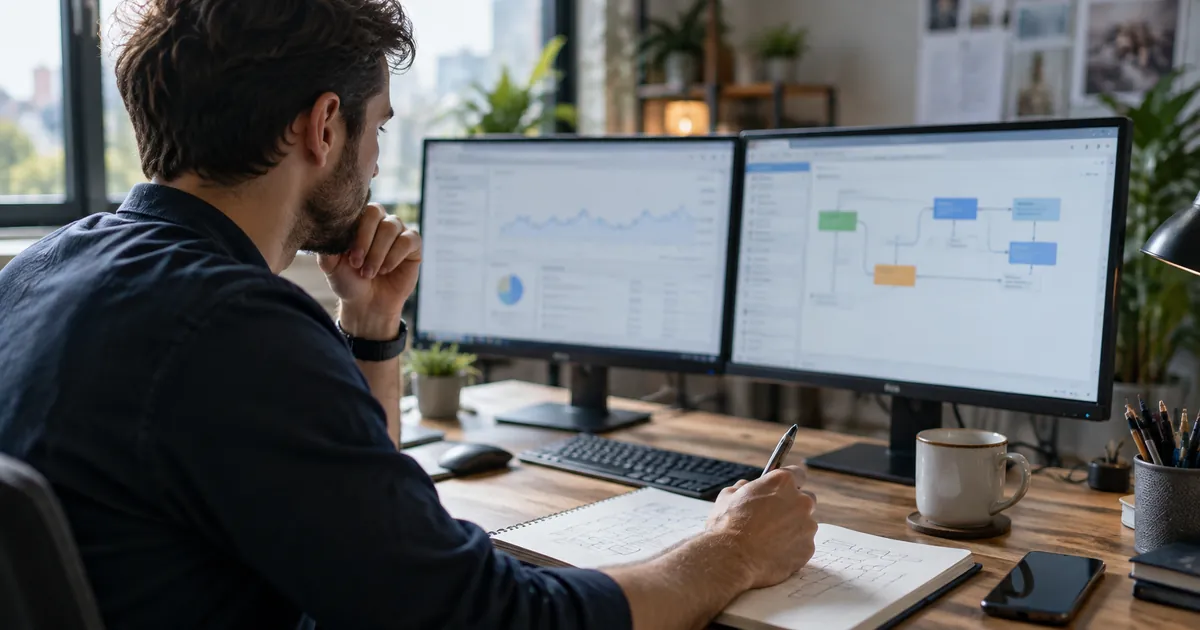 Un analyste configure un suivi de conversions sur deux écrans, schéma de parcours dessiné sur un carnet