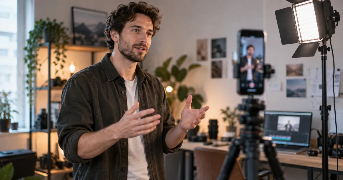 Un vidéaste tourne une vidéo verticale avec un smartphone sur trépied et une lampe LED, dans un petit studio