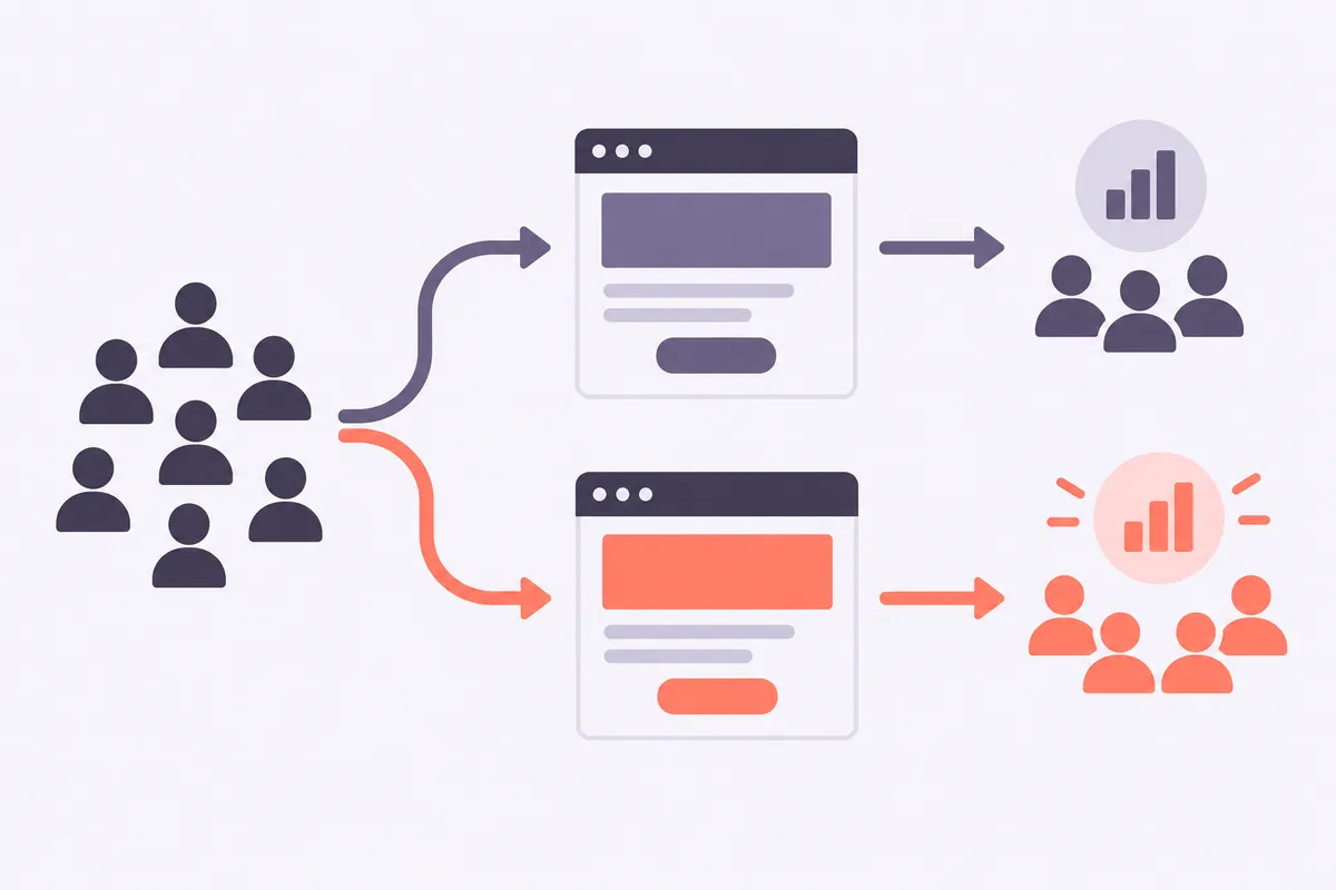 Schéma de l'A/B testing : trafic partagé entre une version A et une version B, mesure des conversions