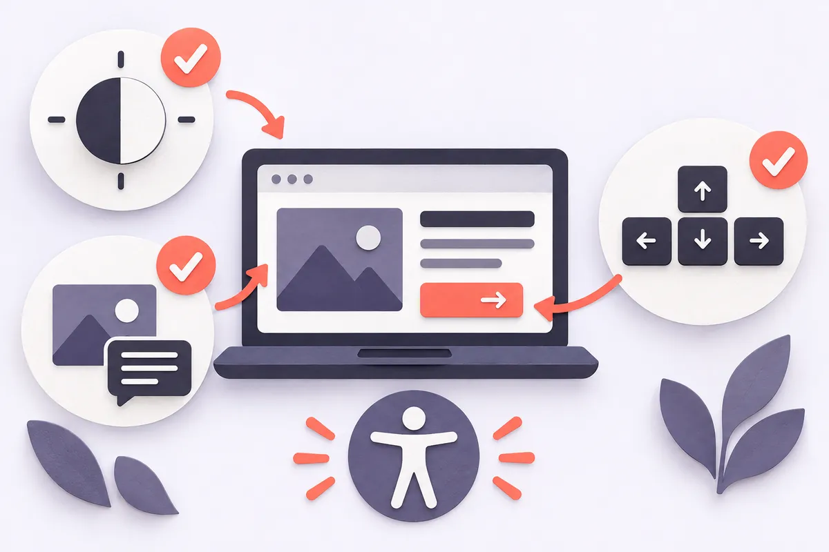 Illustration de bonnes pratiques d'accessibilité web : contrastes, textes alternatifs, navigation au clavier