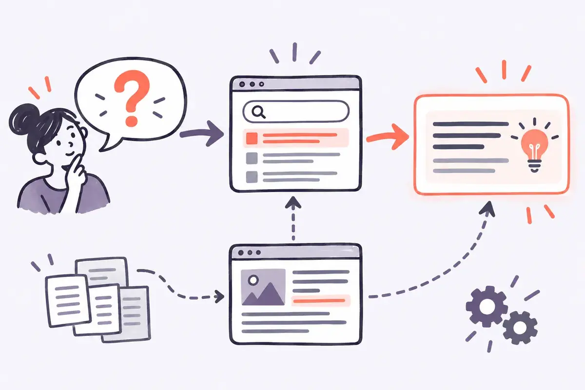 Schéma de l'answer engine optimization : question de l'internaute, réponse directe extraite d'une page