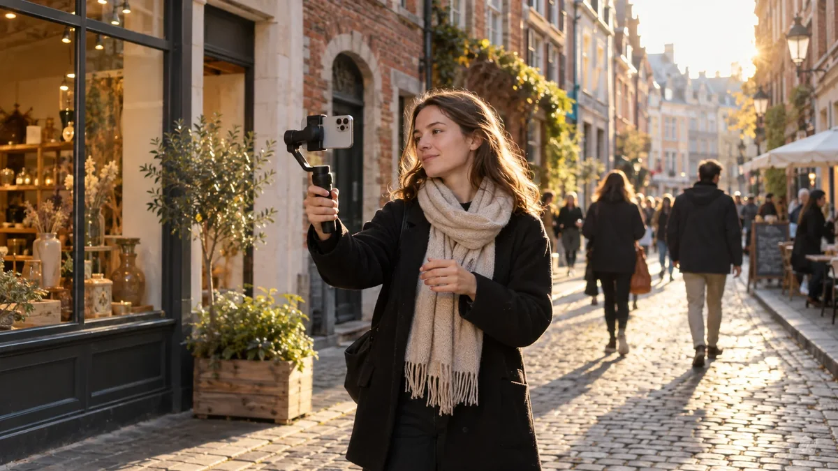 Community manager filmant un contenu vidéo dans une rue du Vieux-Lille pour les réseaux sociaux
