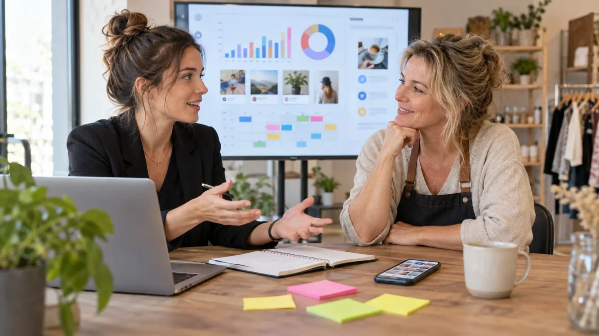 Consultante social media présentant un tableau de bord de performance à une commerçante lilloise