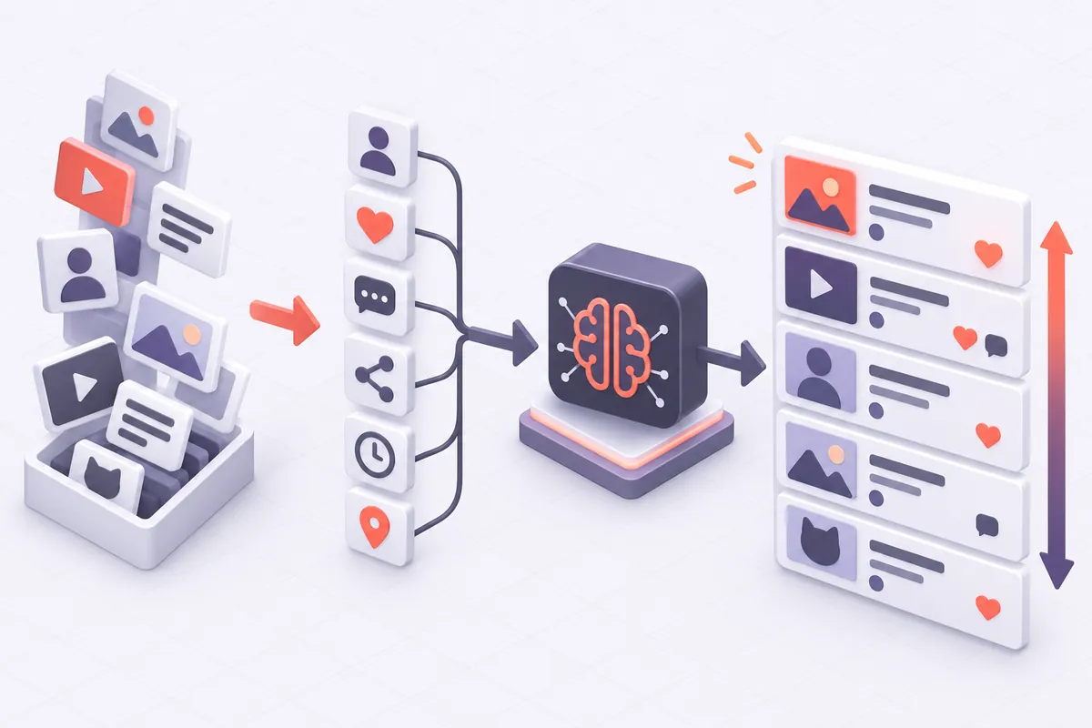 Schéma du tri d'un fil d'actualité par les algorithmes : inventaire des contenus, signaux, prédiction, classement