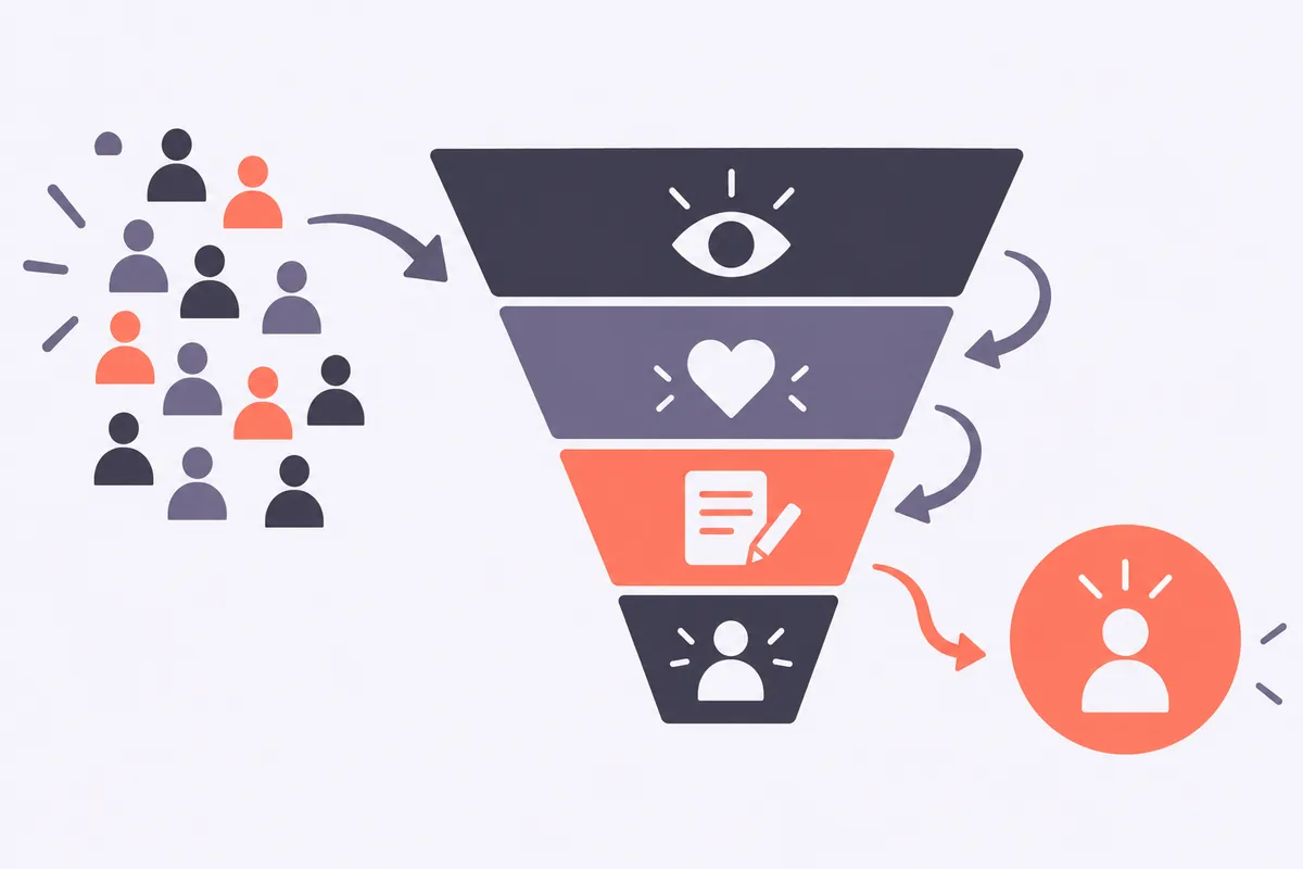 Schéma d'un entonnoir de conversion d'un site : visiteurs, intérêt, contact, client
