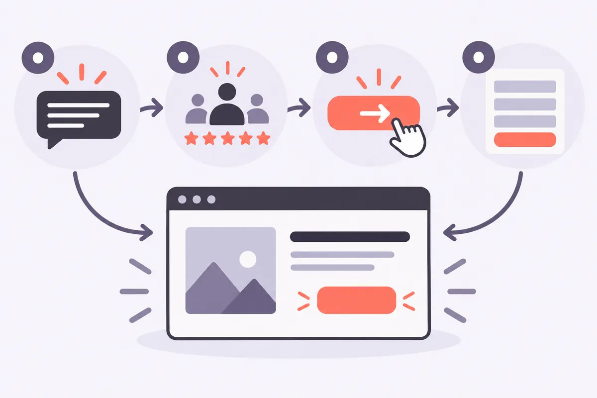 Illustration des leviers de conversion d'une page : message clair, preuve sociale, appel à l'action, formulaire court