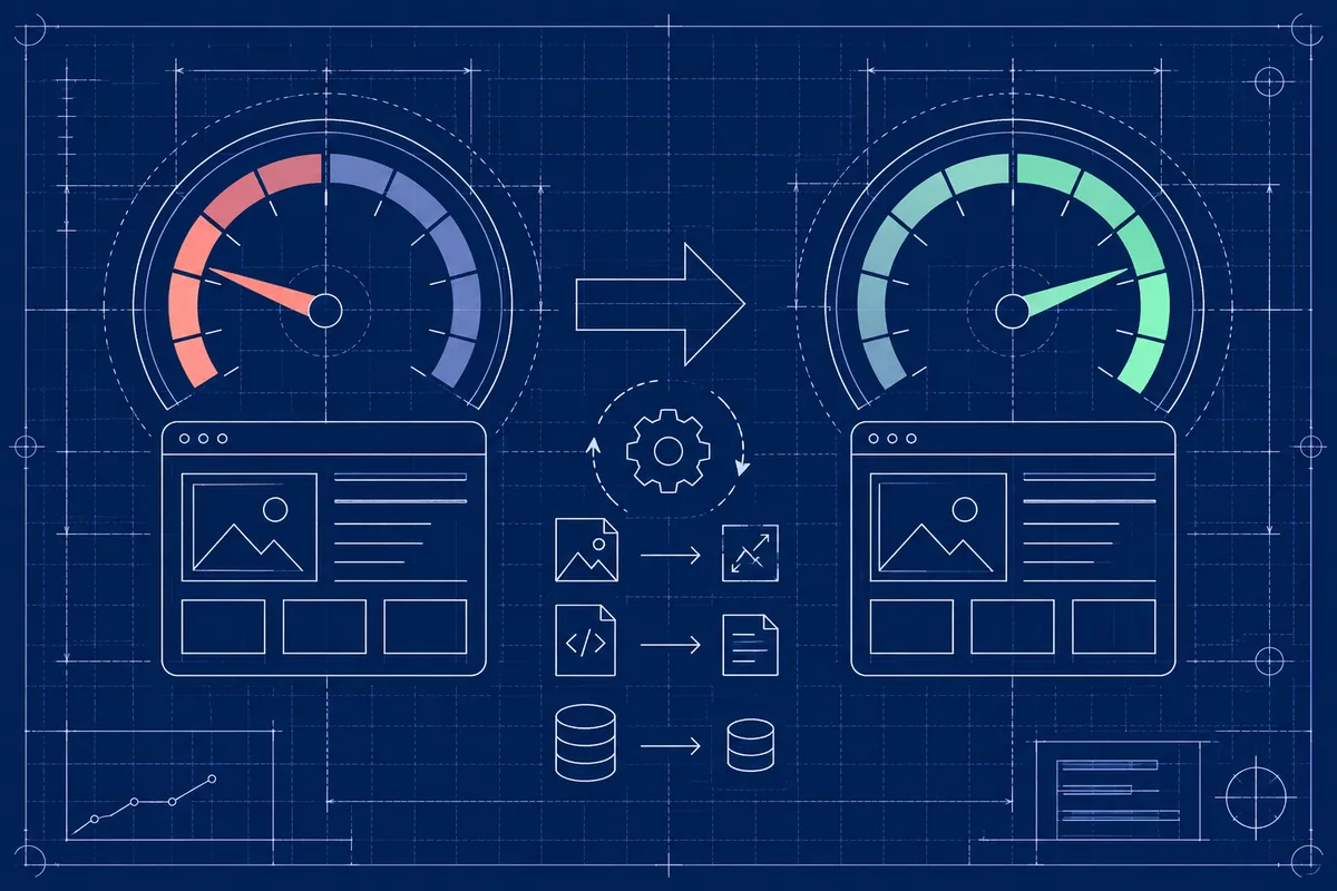 Illustration d'une jauge de vitesse de chargement d'un site passant du rouge au vert après optimisation