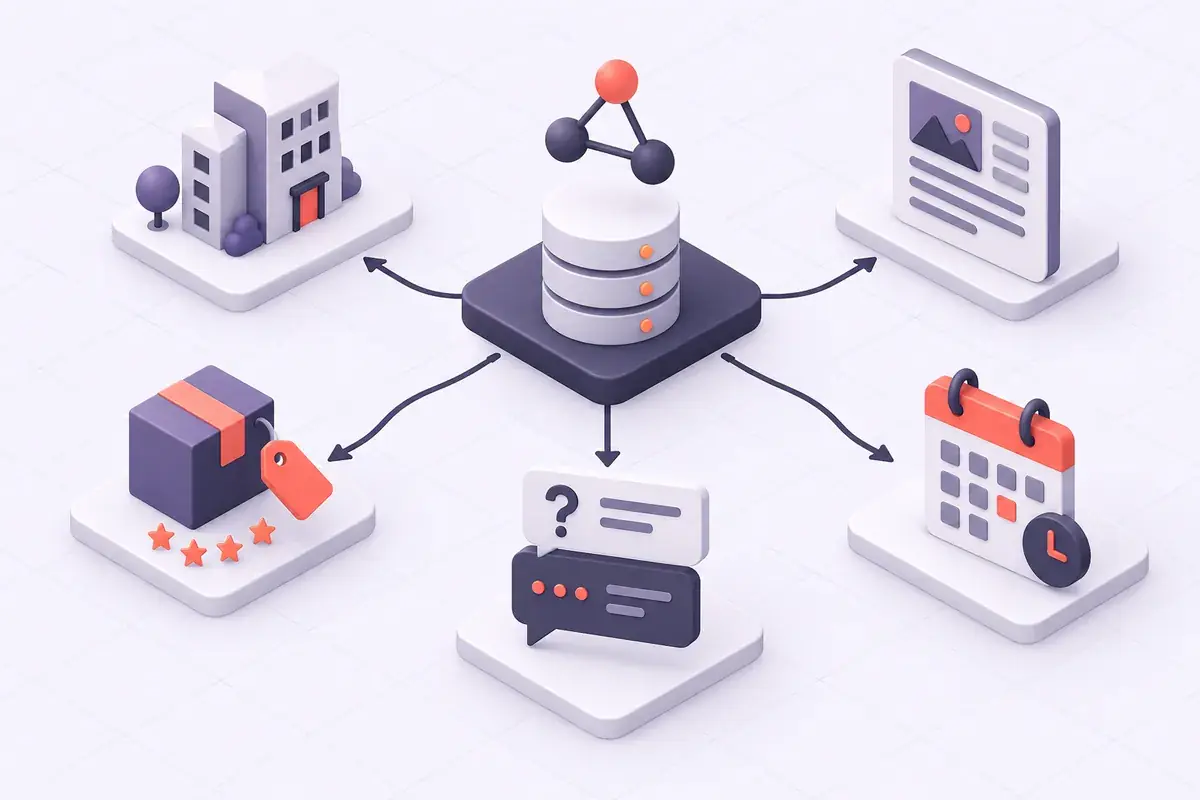 Illustration des types de données structurées courants : organisation, article, produit, FAQ, événement