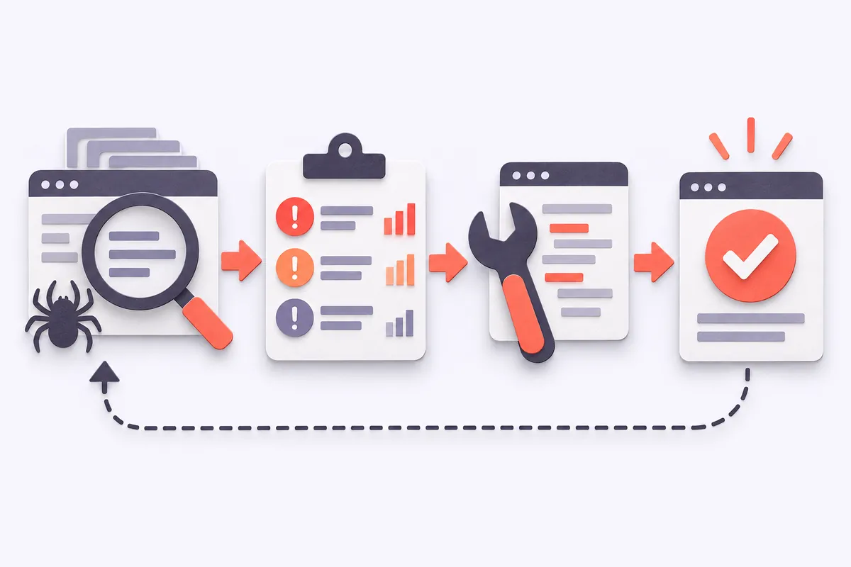 Schéma du processus de correction des erreurs SEO techniques : exploration, priorisation, correction, contrôle