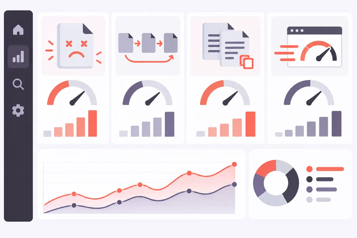 Infographie des erreurs SEO techniques fréquentes : pages en 404, redirections en chaîne, contenus dupliqués, pages lentes