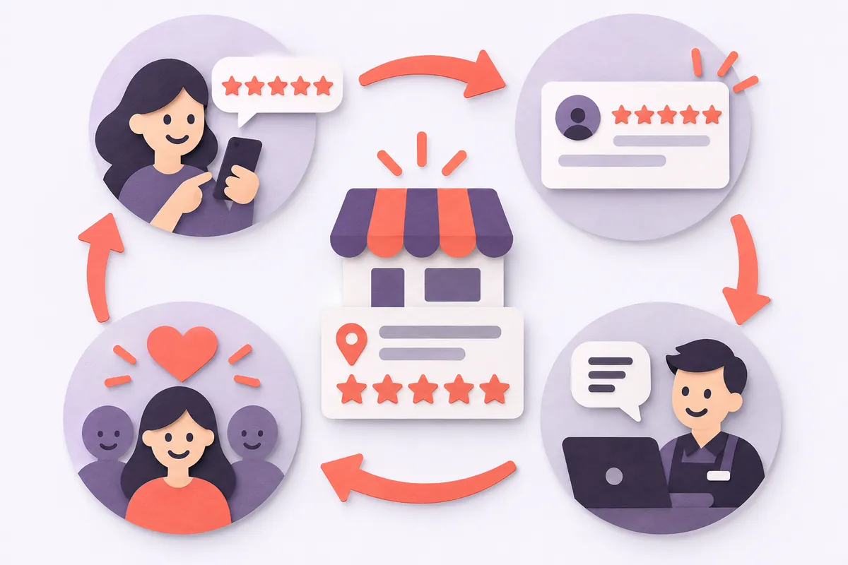 Schéma du cycle des avis clients sur une fiche Google Business Profile : demande, publication, réponse, confiance
